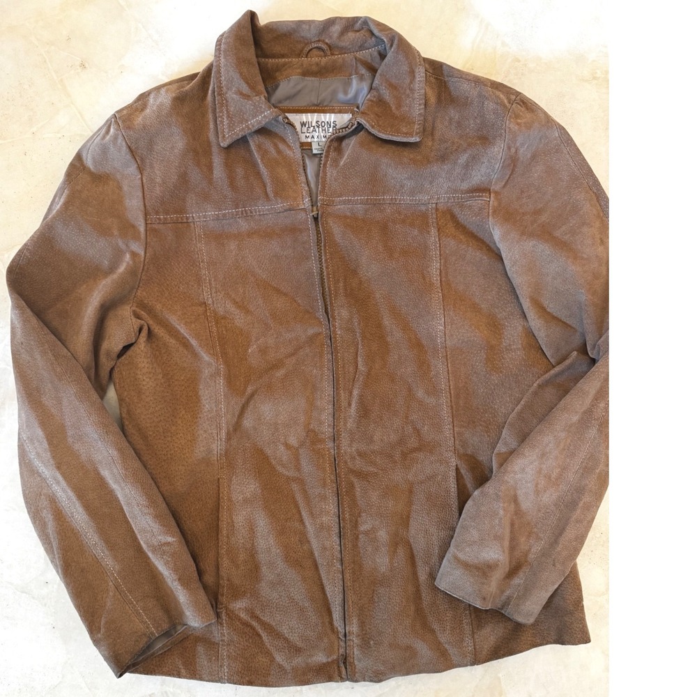 Wilsons Leather Maxima Womens Large Brown Suede Zip Front Jacket Textured Coat